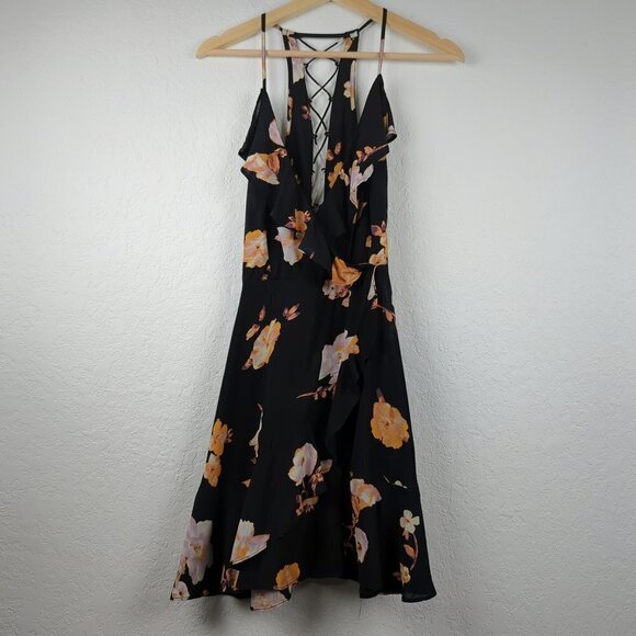 UO Kimchi Blue Sabina Floral Ruffle Wrap Lace Up Mini Dress Est. Size Small - Picture 5 of 11